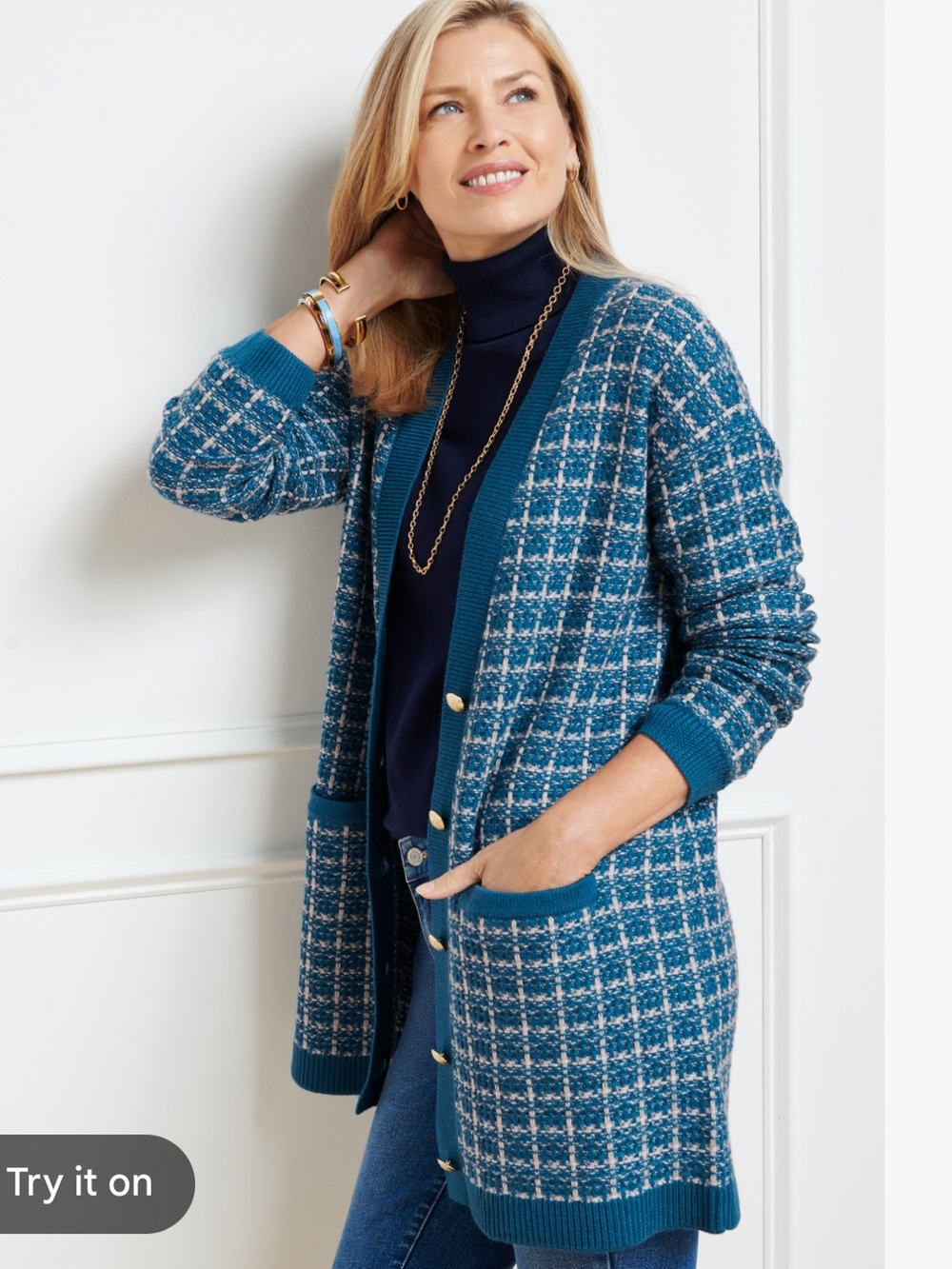 Merino Wool V-Neck Cardigan Texture Plaid Talbots